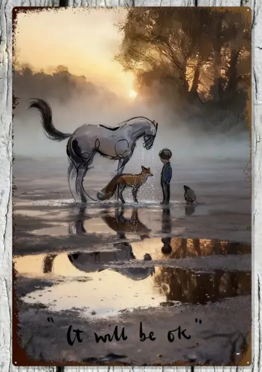 Wandbord "De jongen, de Vos, de Mol & het Paard" regen