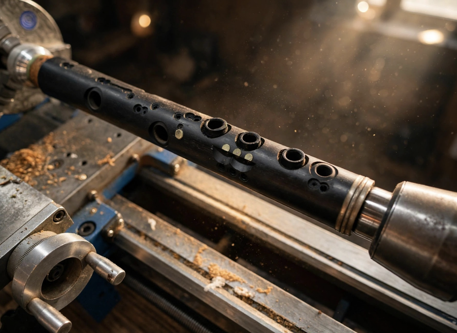 Clarinet body on the lathe
