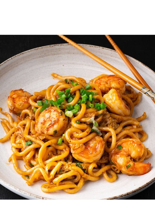 Udon noodles met scampi