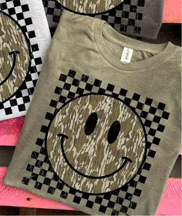 Checkered Camo Smiley Face Graphic Tee