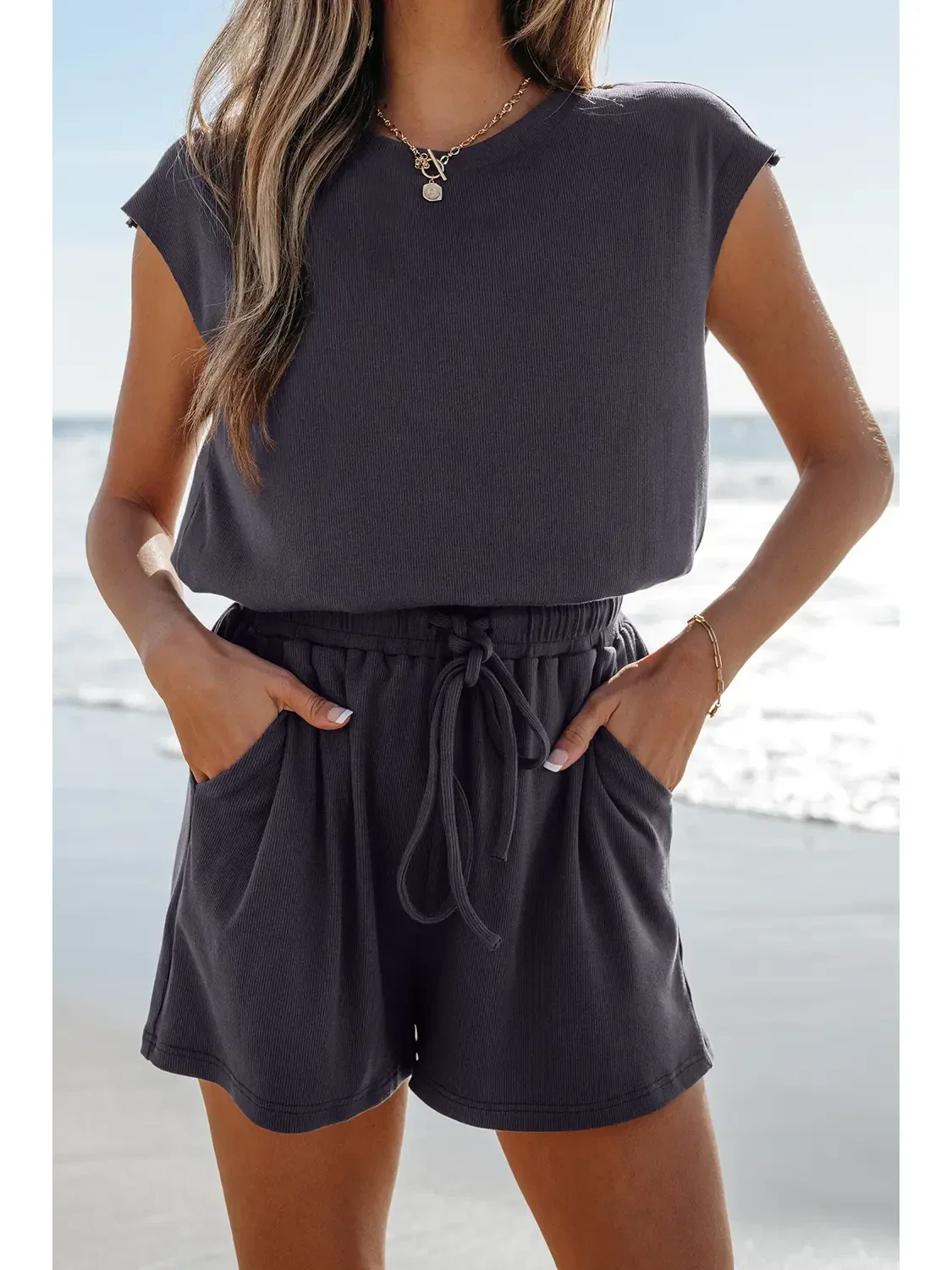 Open Back Cap Sleeve Drawstring Knit Romper