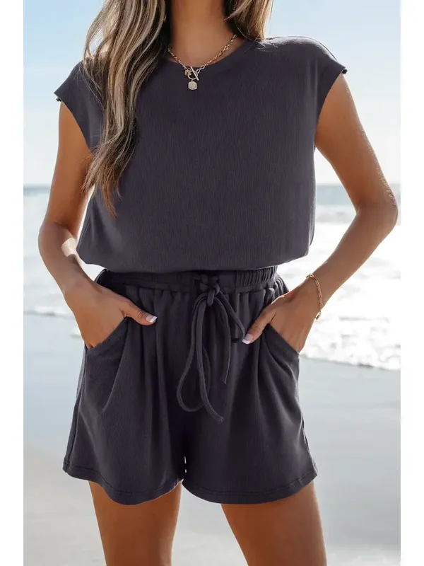 Open Back Cap Sleeve Drawstring Knit Romper