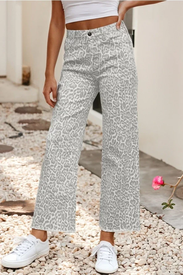 Spring Leopard Frayed Edge Wide Leg High Waist Jeans