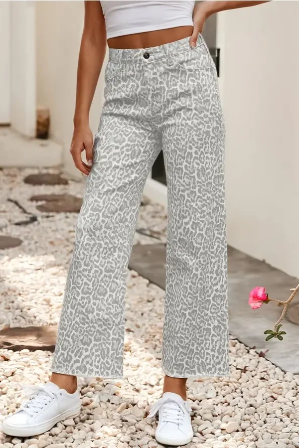 Spring Leopard Frayed Edge Wide Leg High Waist Jeans