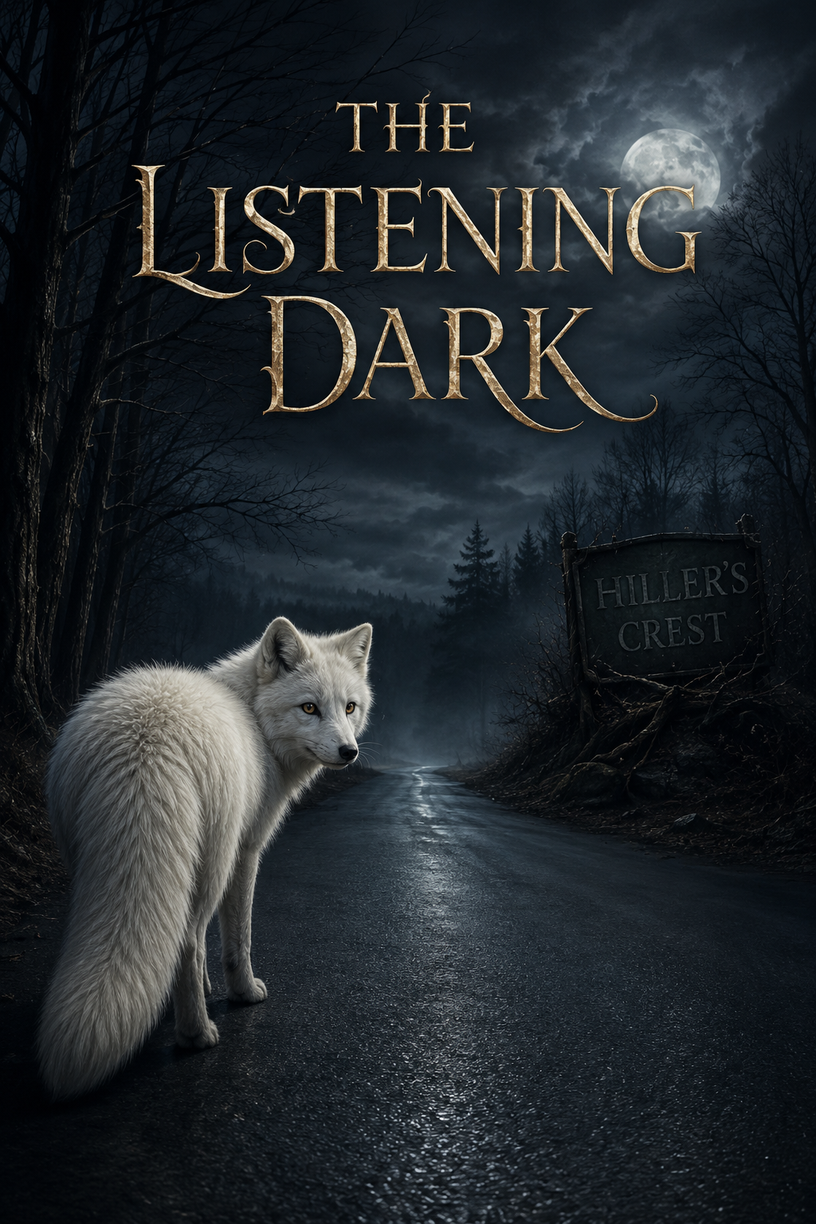 The Listening Dark cover — a white fox stands on a dark road beneath a sign reading Hiller's Crest