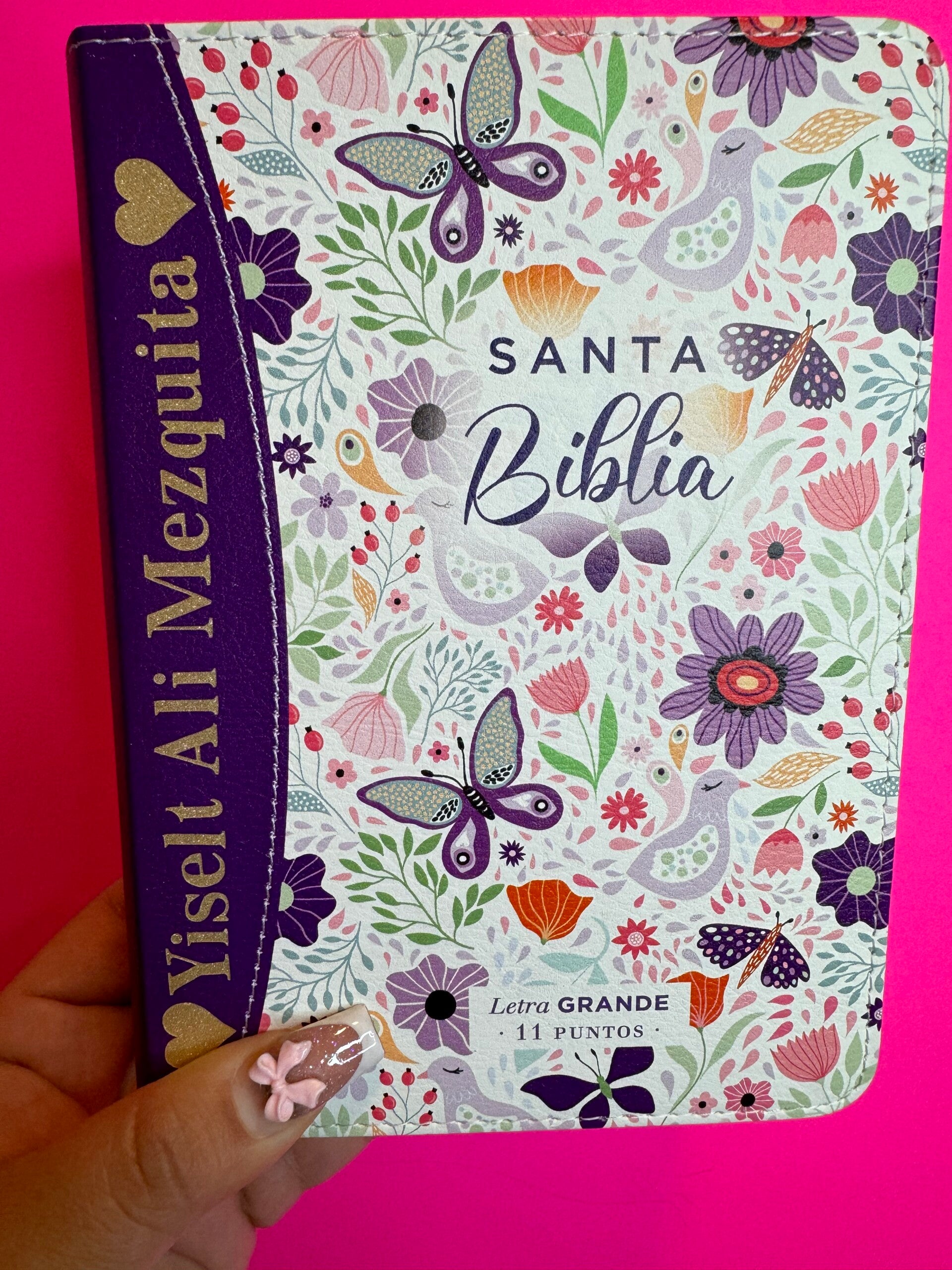 Biblia Compacta 11 puntos RV1960 imit piel con canto pintado primaveral lila oscuro.