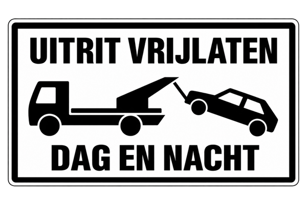 Uitrit Vrijlaten Dag en Nacht Sticker – Wegsleepwaarschuwing | Parkeersignalisatie
