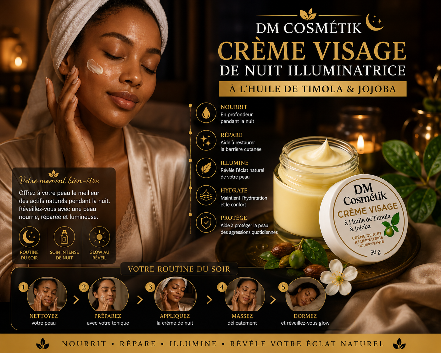 Crème Visage de Nuit Illuminatrice 50g  À l’huile de Timola & Jojoba