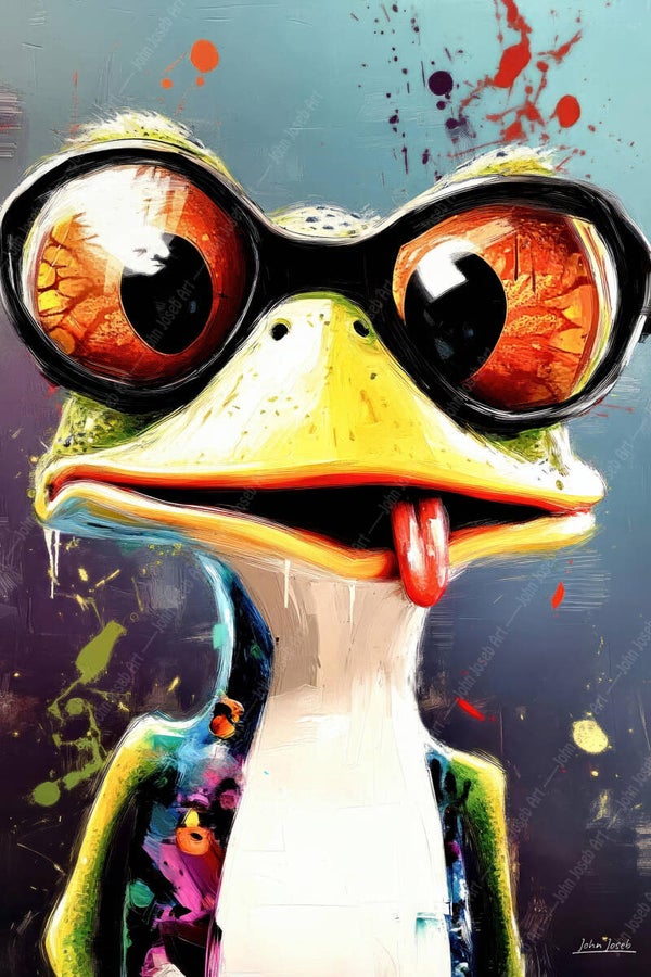 1037 - Schilderij grappige kikker met bril, humor, bolle ogen, kleurrijk