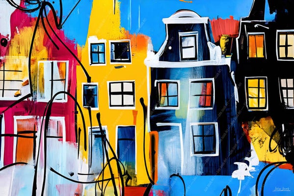 1039 - Schilderij Amsterdam in Herman Brood stijl, abstract, kleurrijk, kunst