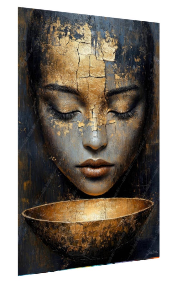 1044 - Schilderij vrouw gezicht, schaal, grunge stijl, abstract, goud