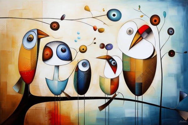 1076 - Schilderij vogels op een tak, Kandinsky, Joan Miro stijl, abstract