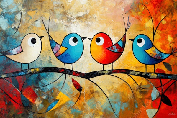 1088 - Schilderij vogels op een tak, abstract, kleurrijk, kunst