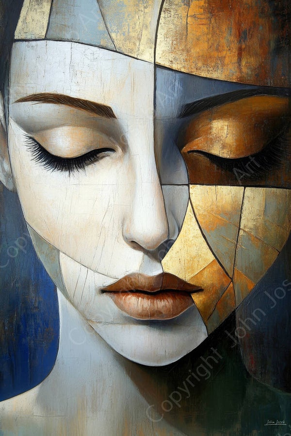 1091 - Schilderij vrouw gezicht, Picasso stijl, abstract, kubisme