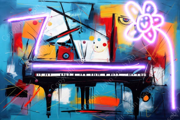 1095 - Schilderij piano, Herman Brood stijl, abstract, kleurrijk, neon, kunst