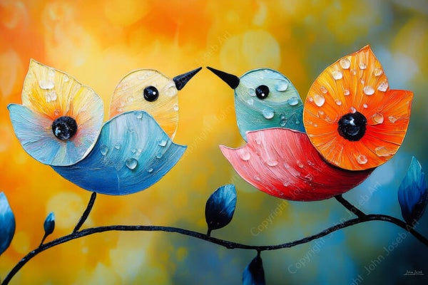 1099.1 - Canvas 90 x 60 cm. Bloemen als vogels, abstract, surrealisme, kleurrijk, kunst