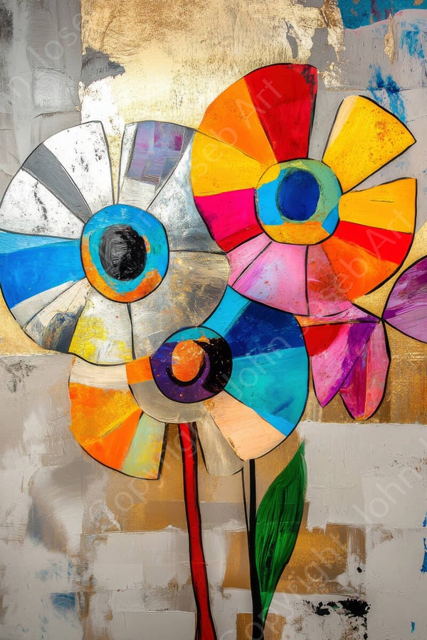 1109 - Schilderij bloemen, abstract, Kandinsky stijl, kubisme, kleurrijk, kunst