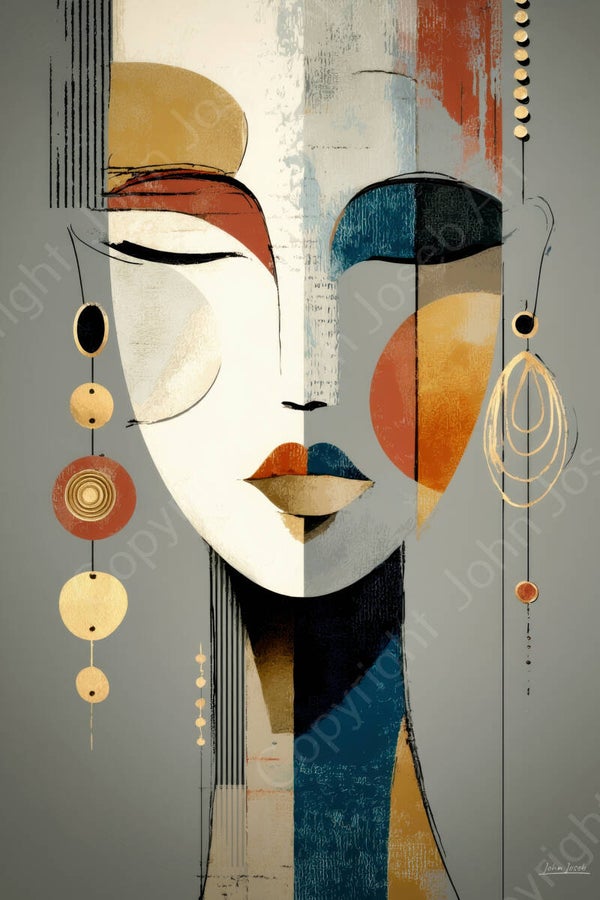 1123 - Schilderij vrouw gezicht met sieraden, minimalisme