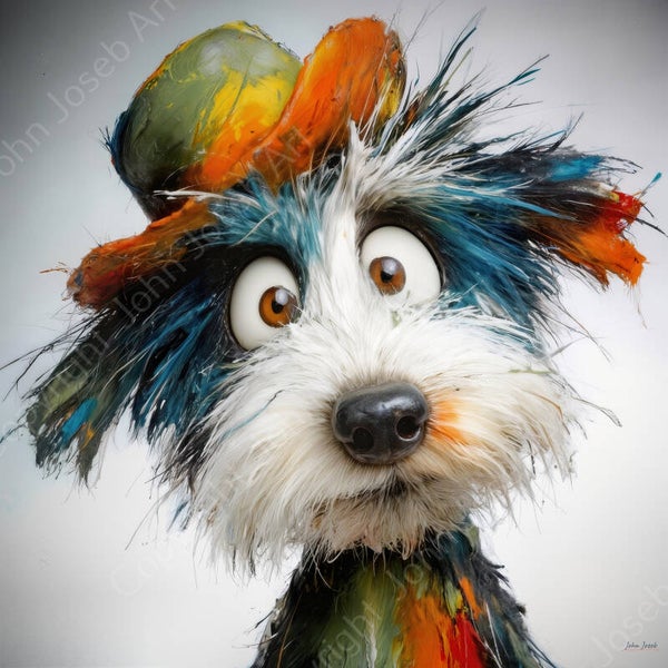 1126 - Schilderij gekke grappige hond met hoed, humor