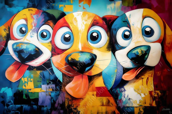 1128 - Schilderij gekke grappige honden, humor, kleurrijk, abstract