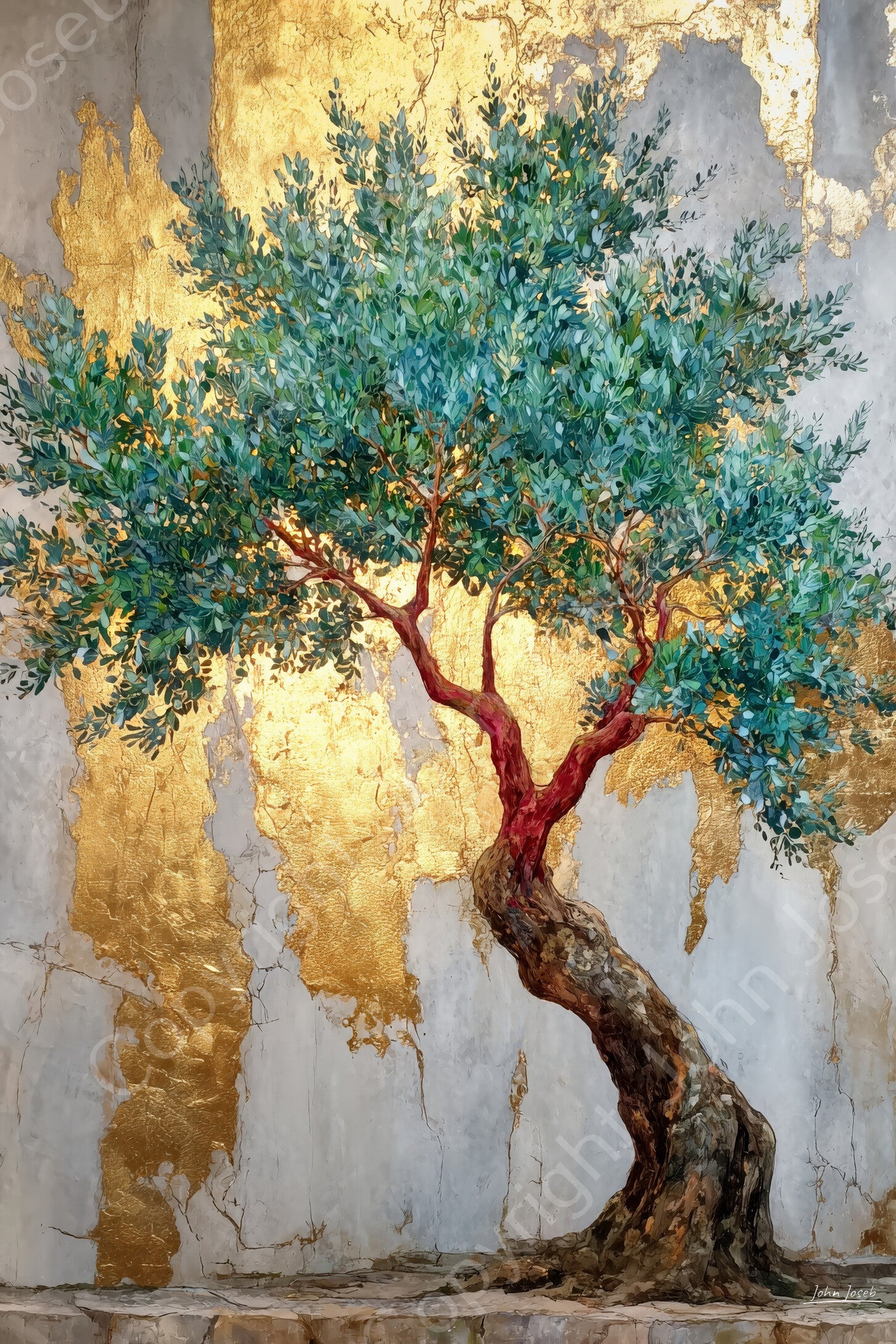 1135 - Schilderij olijfboom voor muur met goud, kunst