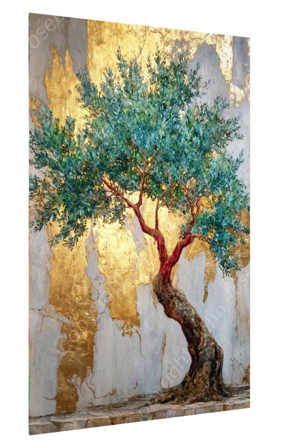 1135 - Schilderij olijfboom voor muur met goud, kunst