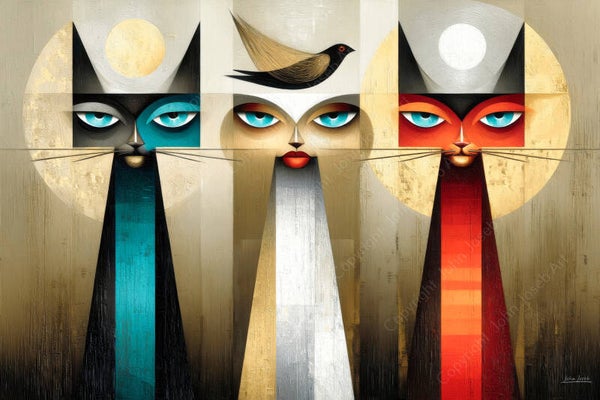 1137 - Schilderij poezen, vogel, zon, maan, abstract, kubisme