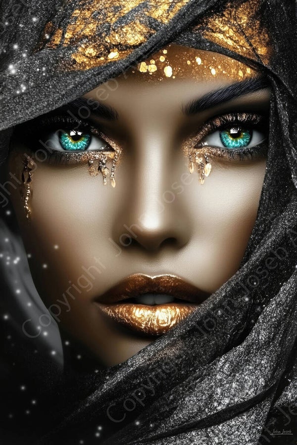 1139 - Schilderij vrouw met zwarte sluier en juwelen, sieraden, goud. kunst