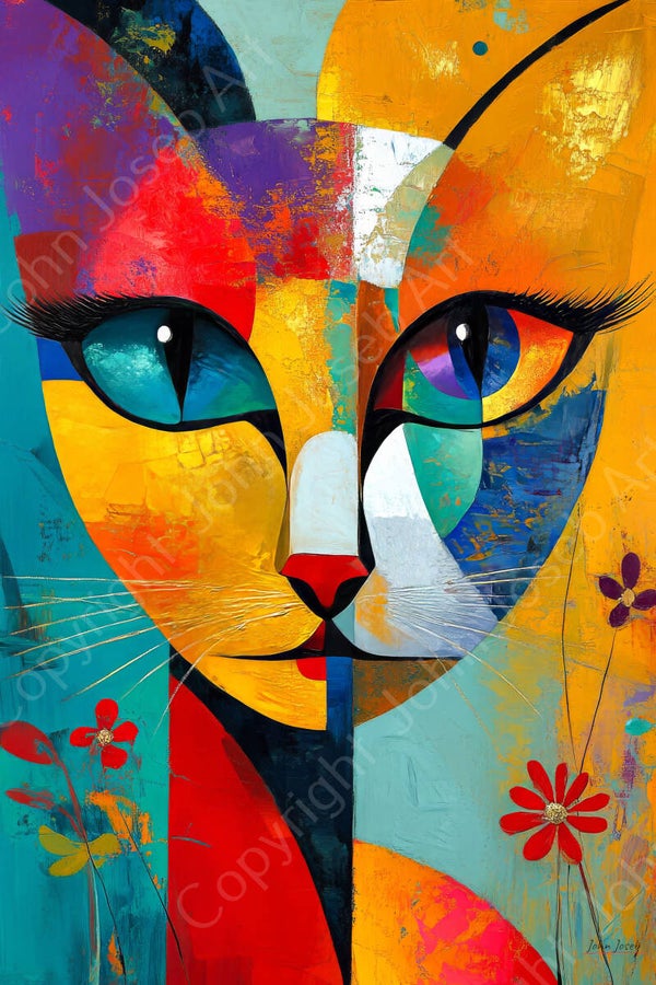 1140 - Schilderij poes, kat, kleurrijk, abstract, Picasso stijl, kunst