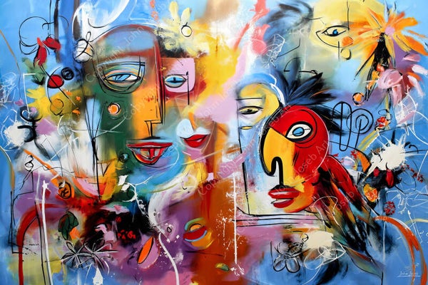 1143 - Schilderij man, vrouw, papegaai, kleurrijk, vogel, abstract, Herman Brood, stijl