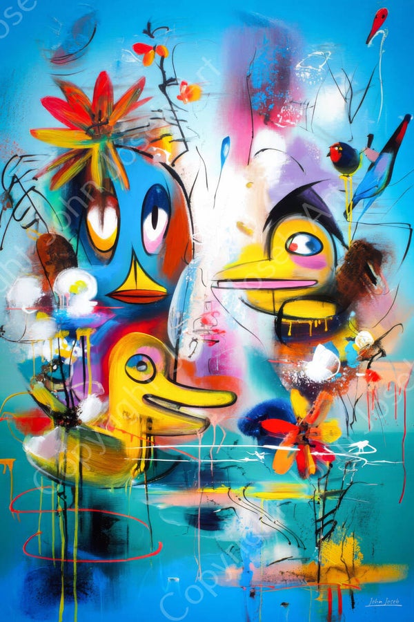 1146 - Schilderij grappige eenden, Herman Brood stijl, abstract, humor, kunst
