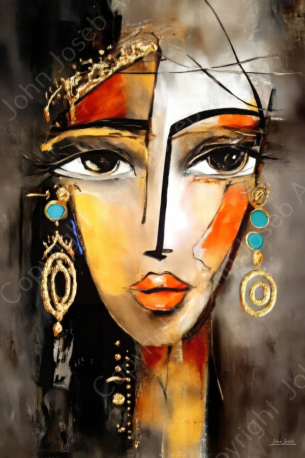 1153 - Schilderij vrouw, gezicht, artistiek, abstract, juwelen, sieraden, kunst