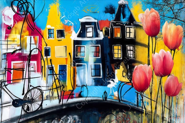1154 - Schilderij Amsterdam, tulpen, fiets in Herman Brood stijl, abstract