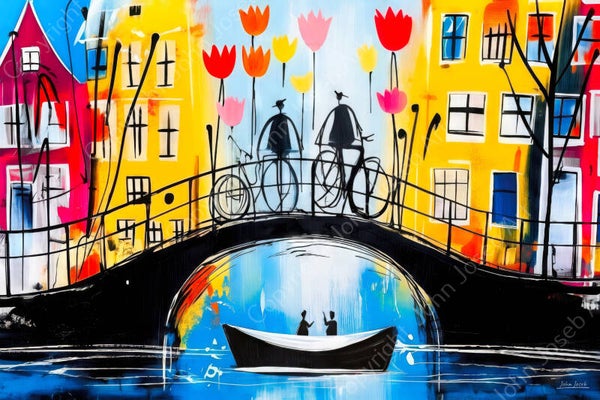 1155 - Schilderij Amsterdam, tulpen, fiets, brug, boot in Herman Brood stijl, abstract