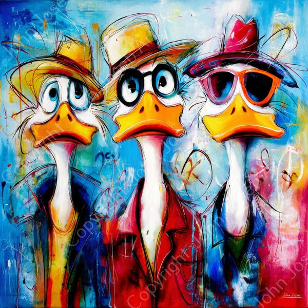 1156 - Schilderij grappige eenden met bril en hoed, humor, abstract