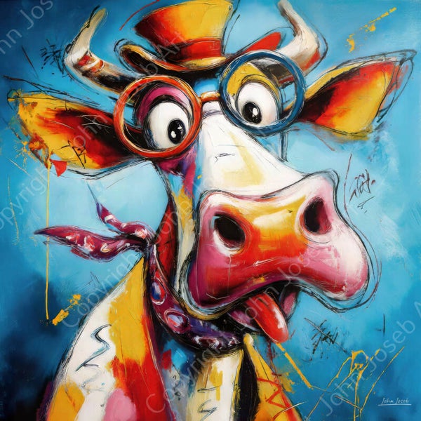 1157 - Schilderij grappige koe / stier met bril en hoed, humor, abstract