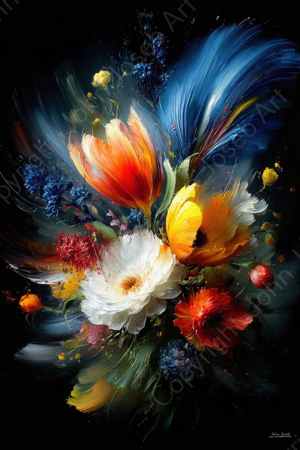 1160 - Schilderij bloemen, tulpen, kleurrijk, zwarte achtergrond