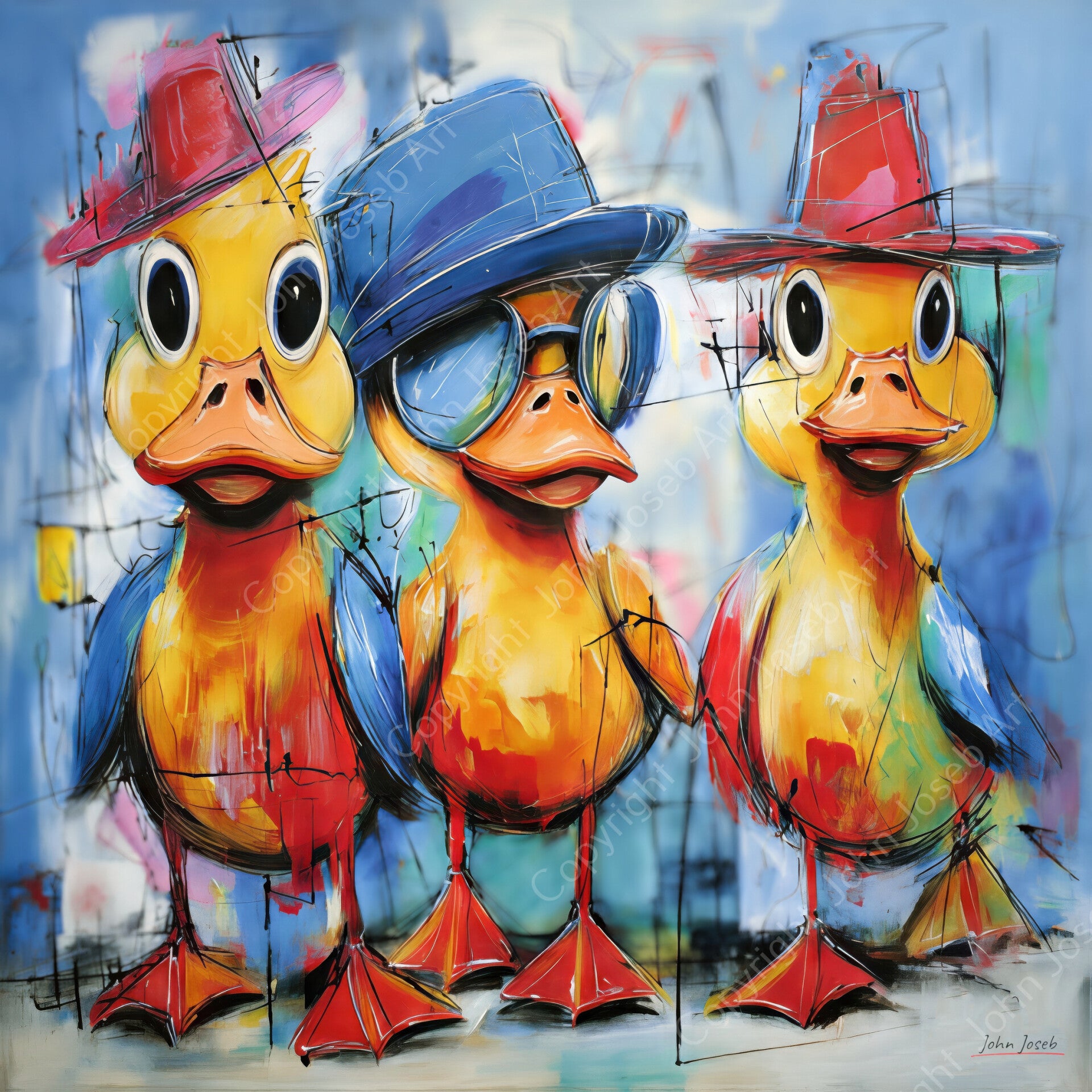 1161 - Schilderij grappige gekke kuikens met bril en hoed, humor, abstract