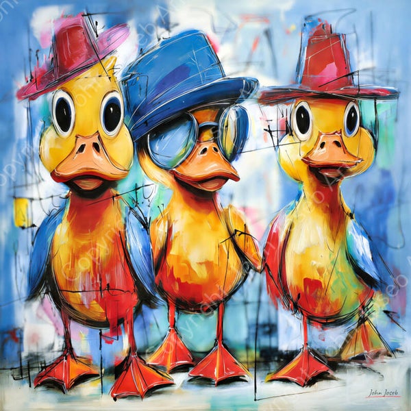 1161 - Schilderij grappige gekke kuikens met bril en hoed, humor, abstract