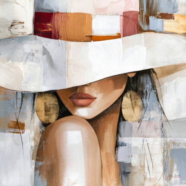 1162 - Schilderij mooie vrouw met hoed, abstract, Japandi stijl, bruin, kunst, vierkant