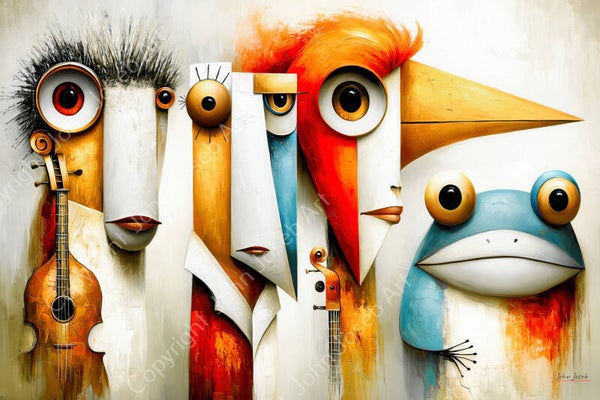 1163 - Schilderij kikker en grappige gekke dieren, humor, abstract, kleurrijk, muziek