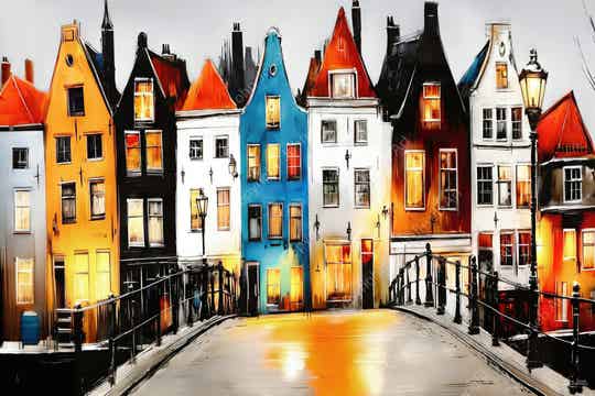 1169 - Schilderij Amsterdam in de avond, brug, huizen, abstract, kleurrijk, kunst