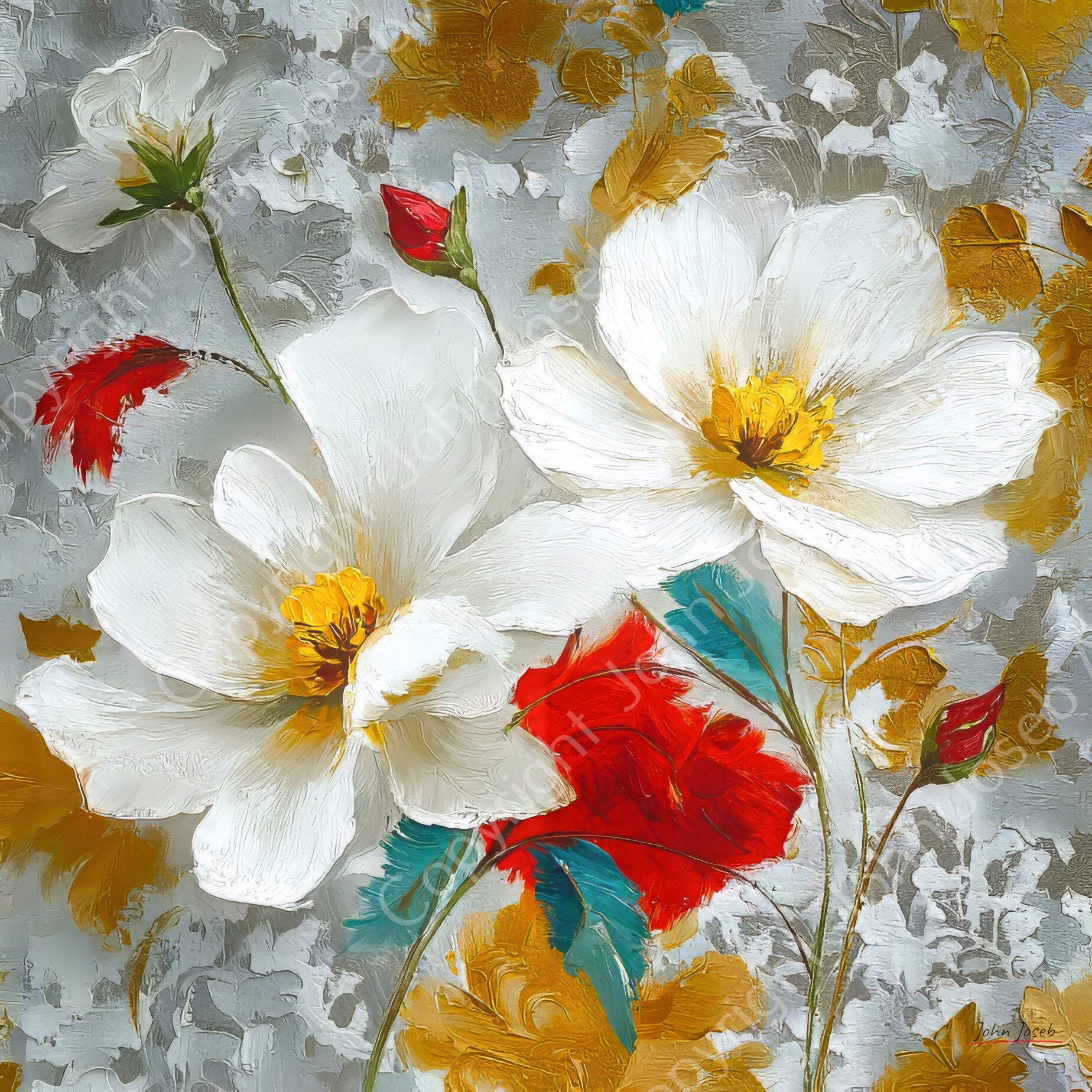 1176 - Schilderij witte bloemen en rode rozen, abstract, kunst