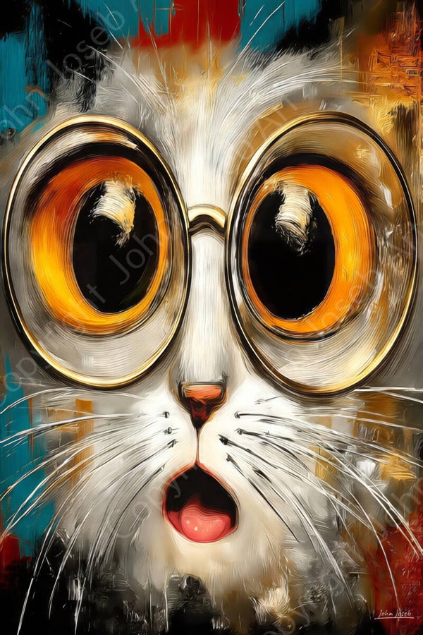 1183 - Schilderij verbaasde grappige gekke poes /kat met bril, humor