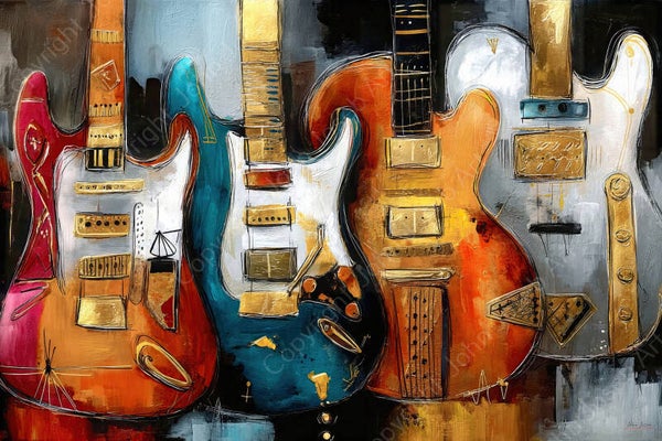 1184 - Schilderij elektrische gitaren, abstract, kleurrijk, kunst, muziek