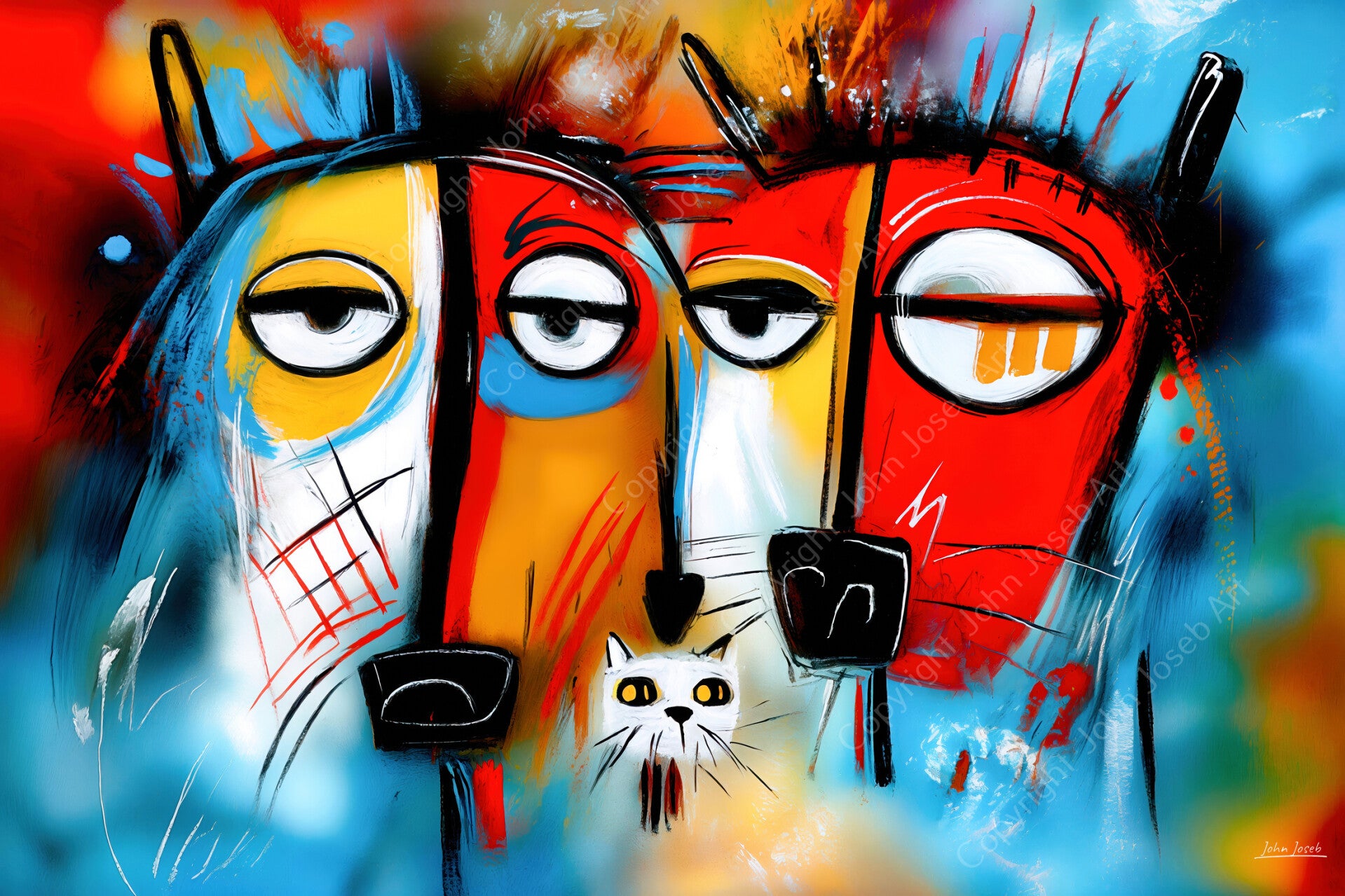 1199 - Schilderij honden met poes / kat, Herman Brood stijl, abstract, kleurrijk