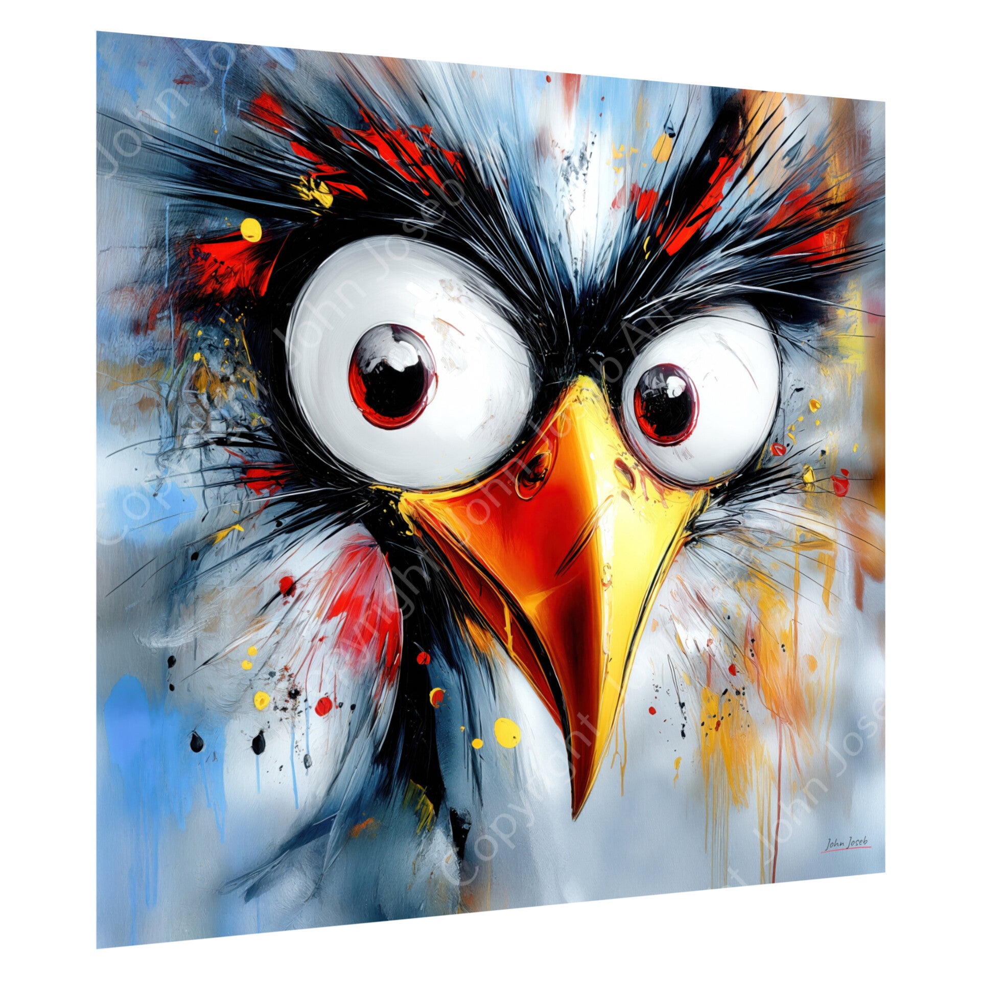 1204 - Schilderij gekke grappige vogel, abstract, bolle ogen, kleurrijk, felle kleuren