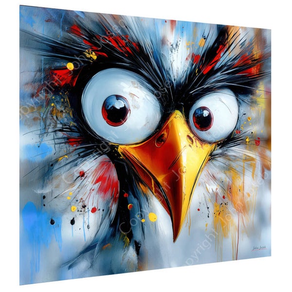 1204 - Schilderij gekke grappige vogel, abstract, bolle ogen, kleurrijk, felle kleuren