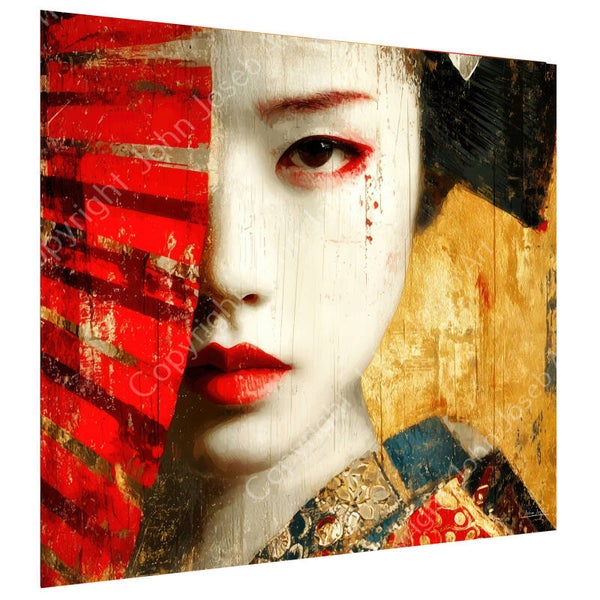 1205 - Schilderij Geisha portret,  Japan, abstract, kleurrijk, vrouw, kunst