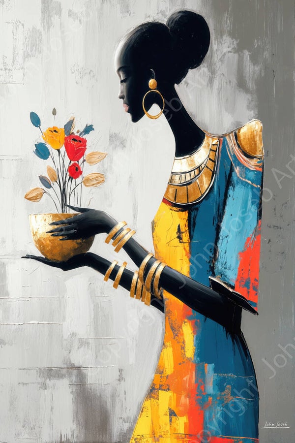 1206 - Schilderij donkere vrouw geeft bloemen, abstract, kleurrijk, kunst